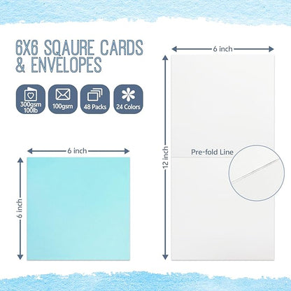 6 x 6 Inch Sqaure Blank Cards with Envelopes 100LB Folded Greeting Cards 24 Assorted Colors 48 Thick Plain Card Stock for Card Making, Photo Cards, Embroidery