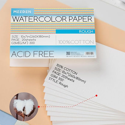 MEEDEN Watercolor Paper Block, 100% Cotton Watercolor Paper Pad of 20 Sheets, 140lb/300gsm, Acid-Free Art Paper for Watercolor, Gouache, Ink and More, 10" x 7" Rough Grain
