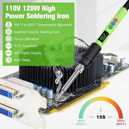 Soldering Iron Kit, 120W LED Digital Advanced Solder Iron Soldering Gun kit, 110V Welding Tools, Smart Temperature Control [356℉-932℉], Extra 5pcs Tips, Auto Sleep, Temp Calibration, Green
