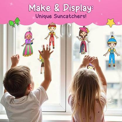 SmartCraft Window Art Fashion Kit with 225 Unique Combinations for Girls 5 to 10 Years Old | Glass Painting Kit | Birthday Gift for 5, 6, 7, 8, 9, 10 | Sun Catcher Art & Craft Activity Kit