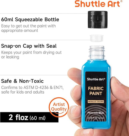 Metallic Fabric Paint, Shuttle Art 18 Metallic Colors Permanent Soft Fabric Paint in Bottles (60ml/2oz) with Brush and Stencils, Non-Toxic Textile Paint for T-shirts, Shoes, Jeans, Bags & DIY Projects