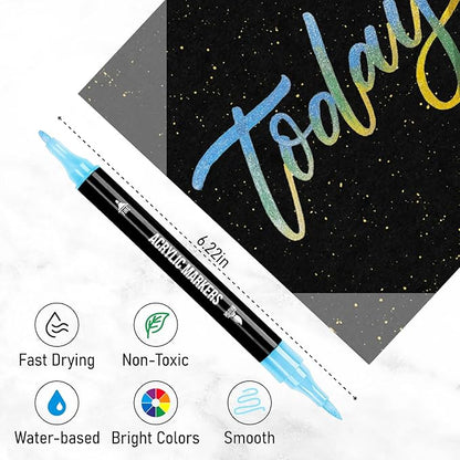 24 Metallic Colors Acrylic Paint Markers, Dual Tip with Fine Tip and Brush Tip Pens for Stone, Wood, Calligraphy, Canvas, Ceramic, Metal, Glass, Rock Painting, DIY Crafts