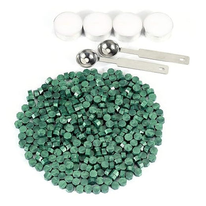 Yoption 360Pcs Metallic Green Sealing Wax Beads, Hexagon Wax Seal Beads with 4Pcs Tea Candles and 2 Melting Spoons for Wedding Invitations, Wine Packaging, Gift Wrap, Envelopes