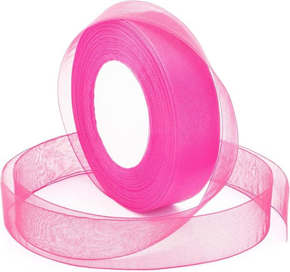 Pink Ribbon for Gift Wrapping, 1 inch 50Yard Sheer Organza Tulle Ribbon, Hot Pink Gifts Wrap Chiffon Ribbons for Hair, Crafts, Flower Bouquet, Wedding, Valentines Day, Mothers Day, Christmas