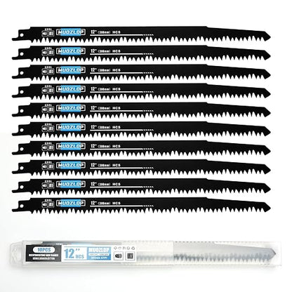 10 Pack 12 inch Reciprocating Saw Blades Set,5 TPI High Carbon Saw Blades,Woodcutting Saw Blades with Organizer Case (10, 5TPI/300mm)