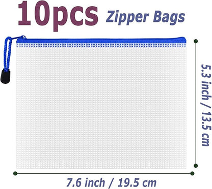AUSTARK 10 Pcs Zipper File Bags, Waterproof Plastic Mesh Pouch for Office School, Board Game Storage Bags (B6 Size 7.6''x5.3'', White and Blue)