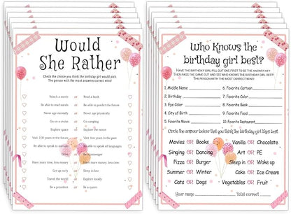 ALodr 20 Pcs Who Knows the Birthday Girl Best, Would She Rather Games for Girl Birthday Party, Funny Birthday Party Games, Double Sided, 5x7 Inches