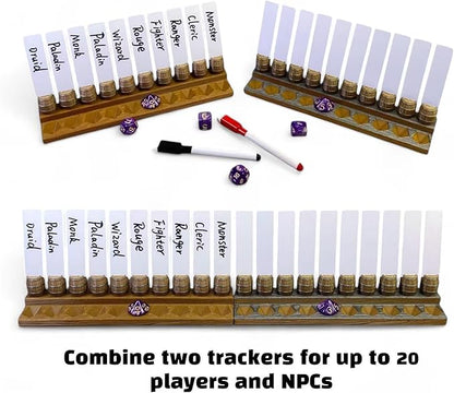 Initiative Tracker with 10 Barrel Slots, Erasable Name Tags, and Dice for Tracking Order. Ideal for DND and Other TTRPGs Brown