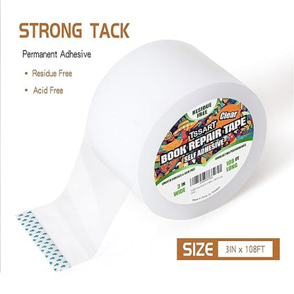 Clear Book Repair Tape - Self Adhesive Stretchable Tape, Essential Repair Tape for Reinforcing, Protecting, and Mending Books - 3 Inch Wide x 108 FT Long