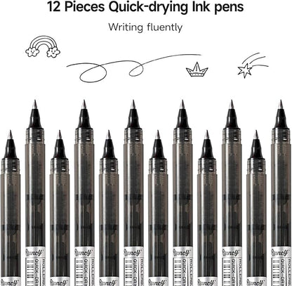RIANCY Black Fine Point Gel Pens 12Pcs 0.5mm Gel Ballpoint Pens Black Liquid Ink Pens No Smear No Bleed, Smooth Writing Pen for Journaling Note Taking Drawing Sketching Coloring Office School Supplies