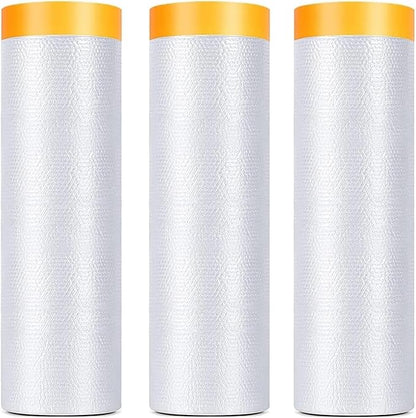 3 Pack Tape and Drape, 5x65.6 Ft Pre-Taped Masking Film for Auto Painting Covering, Plastic Pre-Adhesived Dust Paint Protective Drop Film for Furniture, Car, Floor