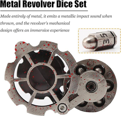 Bullet Dice, Revolver Bullet Metal Dice Set with Spinning Revolver Cylinder Container & Seven Polyhedron Dices for Sci-Fi, War, Crime Theme Tabletop Games