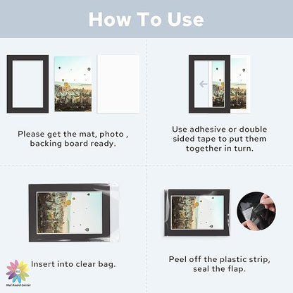 Mat Board Center, Pack of 25, 5x7 for 4x6 Black Mat Kit - Acid Free, 4-ply Thickness, White Core - Includes Backing Boards and Clear Bags - for Pictures, Photos, Framing
