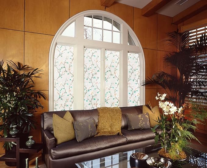VSUDO Static Cling Decorative Window Privacy Film – Frosted Privacy Window Film with Jasmine Floral & Stained Glass Design, Adhesive-Free Tint for Home, Bathroom & Office (11.8" x 78.7")