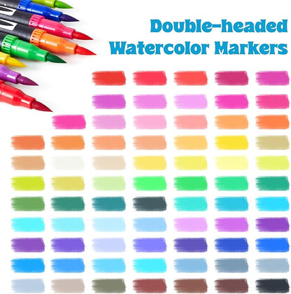 72 Colors Dual Tip Markers Set, Water-Based Ink Brush & Chisel Double Tipped Art Markers for Kids Adults Beginners & Artists in Sketching, Coloring, Note-taking