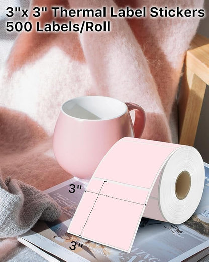iEager Pink Square Thermal Label Stickers, 3" x 3" Self-Adhesive Square Direct Thermal Labels with Perforation Line, 500 Sheets/Roll