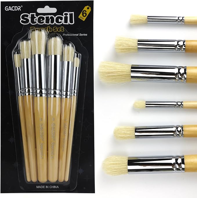 Wooden Stencil Brush Set, 6 Pieces Natural Hog Bristle Dome Stencil Brushes for Painting On Wood Wall, Stencil Projects, Card Making, DIY, Crafts and Acrylic Oil Watercolor Painting…