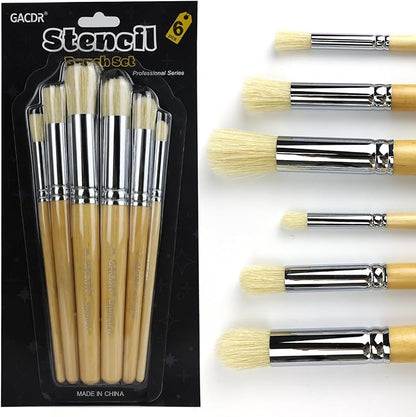 Wooden Stencil Brush Set, 6 Pieces Natural Hog Bristle Dome Stencil Brushes for Painting On Wood Wall, Stencil Projects, Card Making, DIY, Crafts and Acrylic Oil Watercolor Painting…