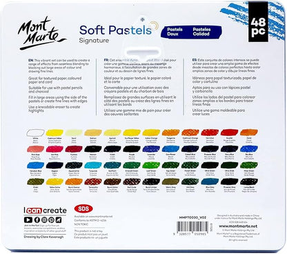 Mont Marte Soft Pastels in Tin Box Signature 48pc, 48 Assorted Colors, Vibrant Pastel Sticks, Great Blending, Comes in Storage Case, Ideal for Art, Craft, Coloring and Sketching