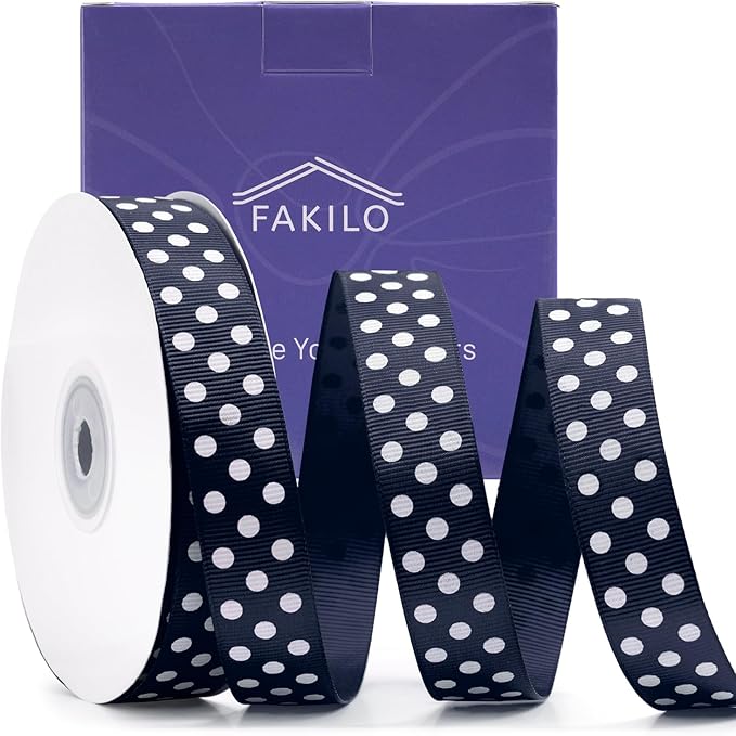 Polka Dot Grosgrain Ribbon 3/4 Inch, 25 Yards Spool Navy Blue and White Dot Craft Ribbon for Christmas Gift Wrapping DIY Crafts Hair Bows Wedding Party Decor Sewing and Home Decoration