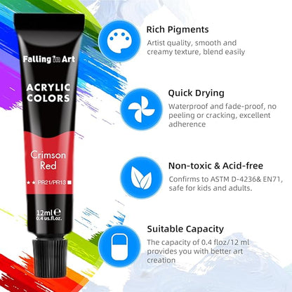 Falling in Art Acrylic Paint Set, 12 Tubes Non-Toxic Rich Pigments Colors with 6 Paintbrushes, Ideal for Painting on Canvas, Wood, Fabric, Craft Paint Set for Beginners and Artists