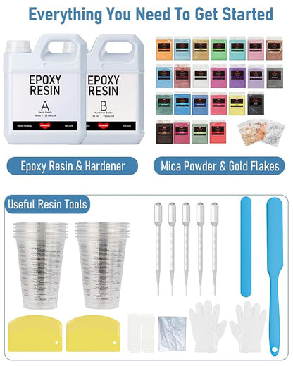 1 Gallon Epoxy Resin Kit with 24 Colors Mica Powder, Gold Foil, Cups & Stick, Crystal Clear Resin Beginner Supplies for Coating Casting Table, Molds, Jewelry Making, DIY Art Craft, 1:1 Ratio