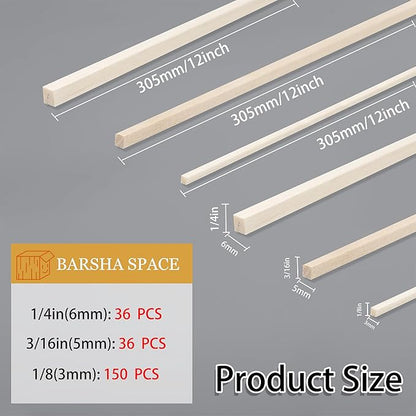 222Pcs Balsa Wood Sticks,Wood Strips Balsa Square Wooden Dowels Hardwood Unfinished Wood Sticks for Crafts DIY Projects Models Making Supplies (1/8in+3/16in+1/4in 222pcs)