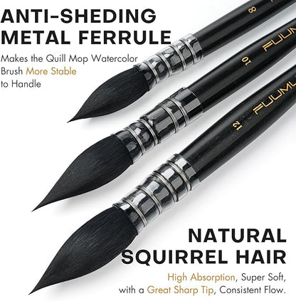 3PCS Squirrel Hair Watercolor Brushes, Fuumuui Professional Mop Round Quill Detail Fine Tip Watercolor Paint Brush Set for Water Color Gouache Ink Painting - Sizes #2, 8, 10