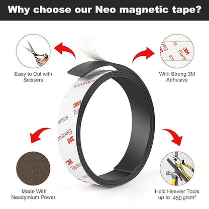 Neodymium Magnetic Tape, Flexible Magnet Tape Strips Roll (1'' Wide x 3.3 ft Long) with Strong 3M Adhesive Backing, Magnetic Strips Heavy Duty Perfect for Wall, DIY, Art Projects & Fridge