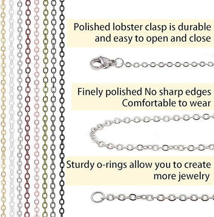 Jishi 80ft Necklace Chains Jewelry Making Chain Link Rolls Bulk 2mm - Bracelet Earring Necklace Craft Supplies DIY Jewelry Making Findings, 8-Colors Gold Silver Copper Plated Metal Rolo Cable Chains