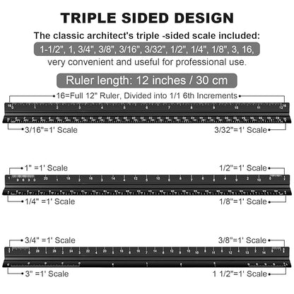 Architectural Scale Ruler, 12 Inch Aluminium Architect Scale Ruler, Imperial Metal Engineers Triangular Ruler for Architects, Students and Draftsmen, Laser Etched Markings