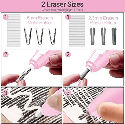 AFMAT EE04PK Electric Eraser, with 140 Eraser Refills, Rechargeable Pencil Erasers for Artists, Electric Erasers for Drafting, Drawing, Painting, Sketching, Architectural Plans, Detailer Tool-Pink