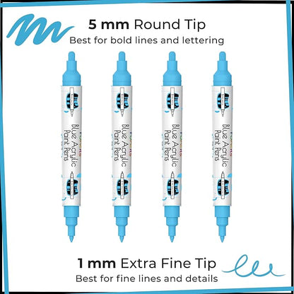 4 Dual Tip Blue Paint Pen Metallic - Fine Tip & Medium Acrylic Markers - Blue Paint Marker for Metal, Wood, Rock Painting, Canvas, Ceramic, Glass, Fabric, Leaf and Plastic - Water-based Ink