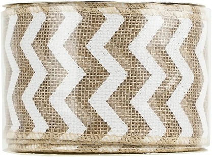 MEEDEE Burlap Ribbon with White Chevron Pattern - 2.5 Inch Wired Ribbon for Cakes, Wreaths, Rustic Decor, Baby Showers, Beach Parties, Farmhouse Gifts - 10 Yards