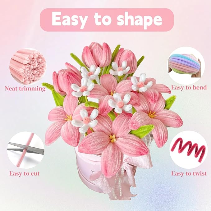 400 Pcs Pipe Cleaners Craft Set, 4 Assorted Pink Pipe Cleaners Bulk, Chenille Stems for DIY Flower Making Kit with Floral Stems, Gardening Tape, Stamen, Ribbon for DIY Bouquet Gift (Pink)