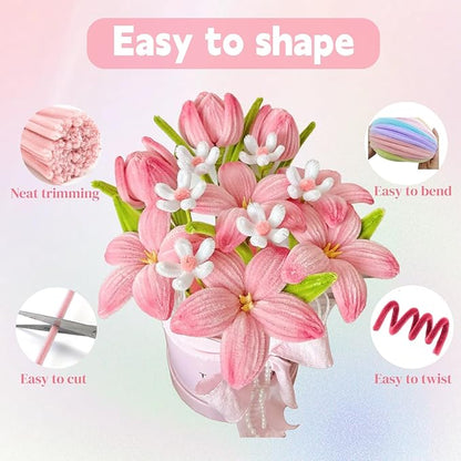 400 Pcs Pipe Cleaners Craft Set, 4 Assorted Pink Pipe Cleaners Bulk, Chenille Stems for DIY Flower Making Kit with Floral Stems, Gardening Tape, Stamen, Ribbon for DIY Bouquet Gift (Pink)