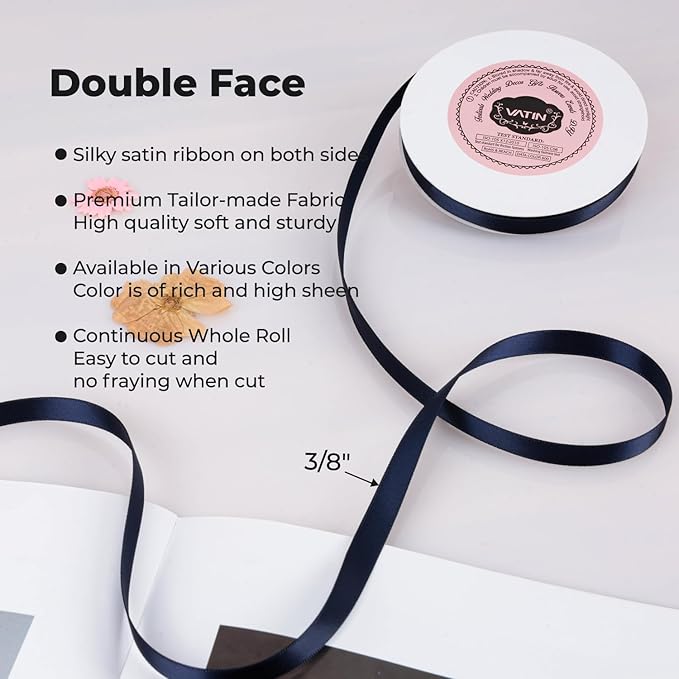 VATIN Double Face Deep Navy Blue Satin Ribbon 3/8" Continuous 50 Yards,Navy Blue Polyester Fabric Ribbon use for Bows Bouquet, Gift Wrapping, Floral Arrangement Wedding Decoration