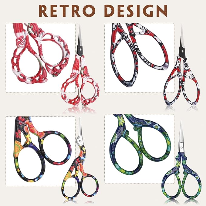 Zhehao 4 Pcs Sewing Embroidery Scissors with Artificial Leather Cover Sewing Stainless Vintage Embroidery Scissors for DIY Needlework Art Manual Handicraft (Delicate)