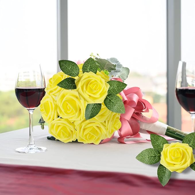 AmyHomie Artificial Flower Yellow Rose 25pcs Real Looking Fake Roses w/Stem for DIY Wedding Bouquets Centerpieces Arrangements Party Baby Shower Home Decorations