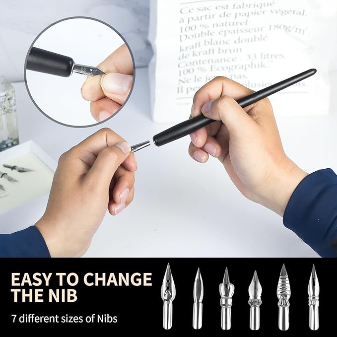 FEATTY Dip Pen for Drawing with ink - Antique Wooden Calligraphy Kits for beginners with 6 Replaceable Nibs