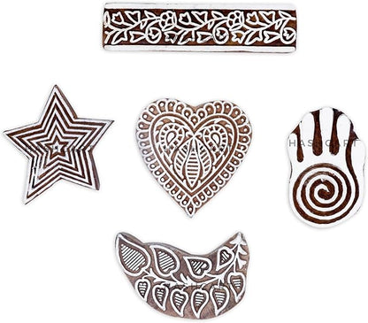 Wooden Block Stamp Hand Carved Printing Stamp for Fabric Printing - Wooden Printing Block for Scrapbooking Pottery Kids Project, to Decorate Card | Set of 5 | HASHCART®