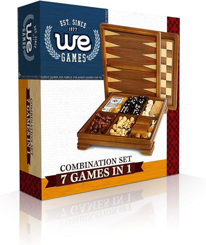 WE Games Walnut 7-Games-in-1 Combination Game Set - Includes Chess, Checkers, Backgammon, Dominoes, Cribbage, Poker, Dice and Cards