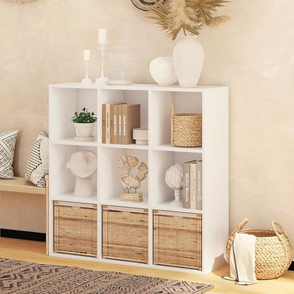 Wooden 9 Cube Storage Organizer with Closed Back Panel,White Cube Shelf Heavy Duty Cubby Storage Organizer with Compartments for Living,Display Shelf,Bookshelf
