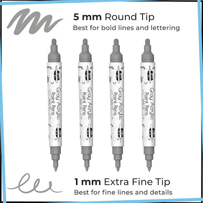 4 Dual Tip Gray Paint Pen Metallic - Fine Tip & Medium Acrylic Paint Markers - Gray Marker for Metal, Wood, Rock Painting, Canvas, Ceramic, Glass, Fabric, Leaf and Plastic - Water-based Ink