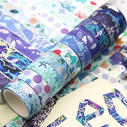 Blue Ocean Washi Tape Set 10 Rolls Bronzing Sea Decorative Masking Tapes for Scrapbooking, Bullet Journal, Planner, DIY Crafts, Gift Wrapping