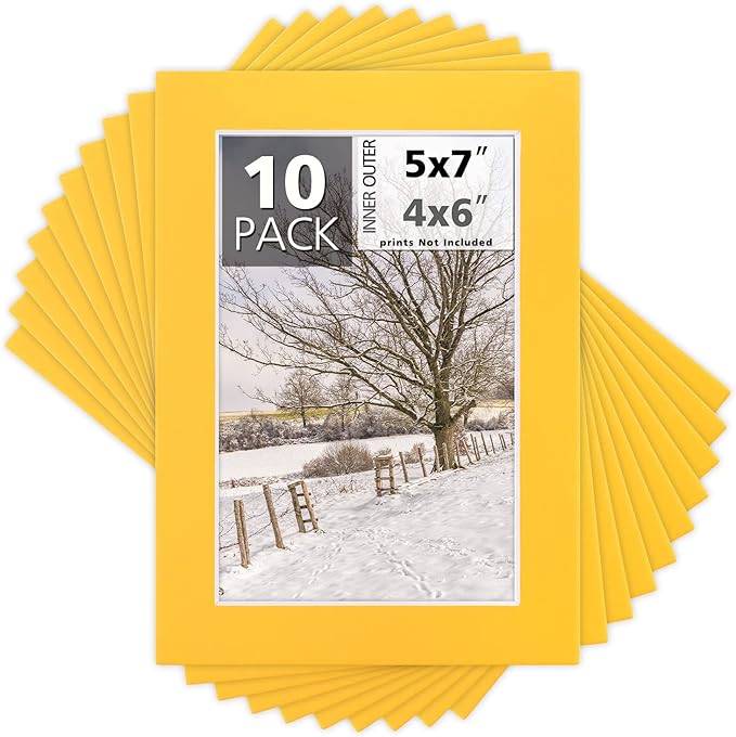 Mat Board Center, Pack of 10, 5x7 for 4x6 Deep Yellow Color Mats - Bevel Cut, Acid Free, 4-ply Thickness, White Core - for Pictures, Photos, Framing