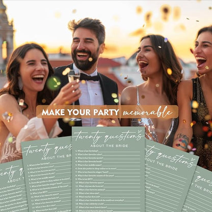 Bridal Shower Games Cards - Twenty Questions About The Bride for 25 Guests, Engagement Party Wedding Game, Minimalist Green Party Supplies - C05