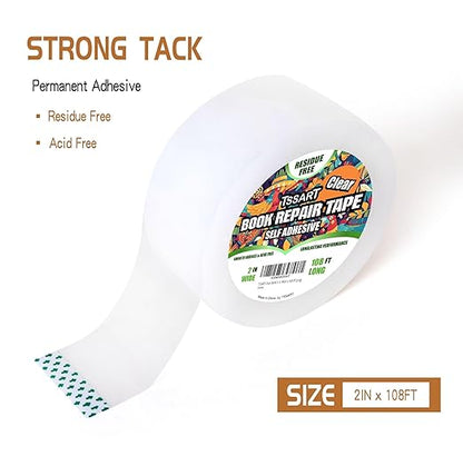 Clear Book Repair Tape - Self Adhesive Stretchable Tape, Essential Repair Tape for Reinforcing, Protecting, and Covering Old Books - 2 Inch Wide x 108 FT Long