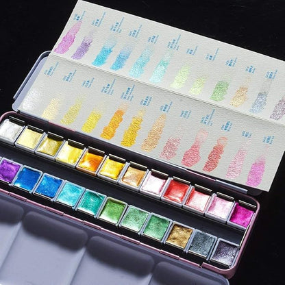 Paul Rubens Artist Watercolor Paints-Metallic Glitter Solid Colors-Pink Portable Metal Case with Palette-24 Color Set Sparkle Watercolor