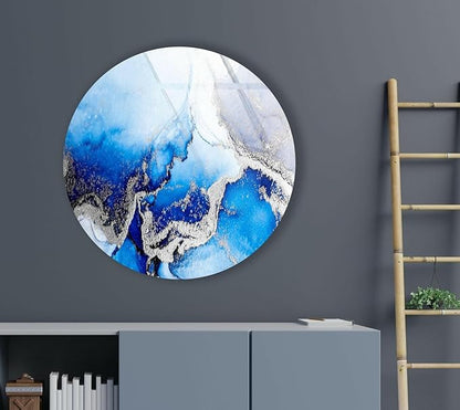 My Photostation.com 24''(60cm) Diameter Blue Marble Round with Silver Details Glass Wall Art Tempered Glass Printing Wall Decor Large Wall Art Wall Hangings